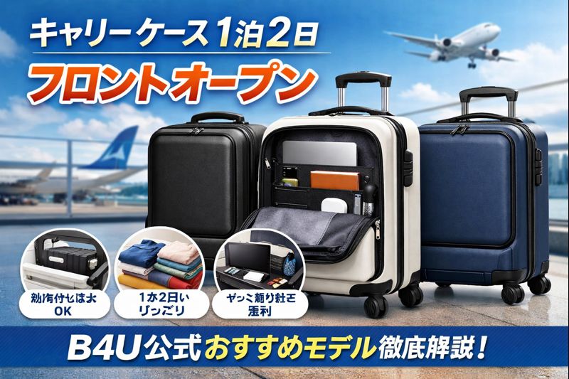 空港背景に並ぶB4Uのキャリーケース3種（ブラック、フロントオープンのホワイト、ネイビー）と特徴を説明するアイコン付きの日本語プロモーション画像