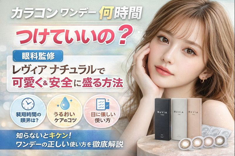 レヴィア ナチュラルのワンデーカラコンを装着した女性と商品パッケージが映る、使用時間や目に優しい使い方を解説する日本語の広告画像