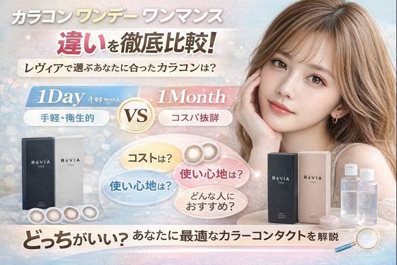 レヴィア ワンデーとワンマンスの違いを比較した日本語広告画像。若い女性モデルの横に、レンズの使い心地やコスト面を視覚的に比較した情報が配置されている。