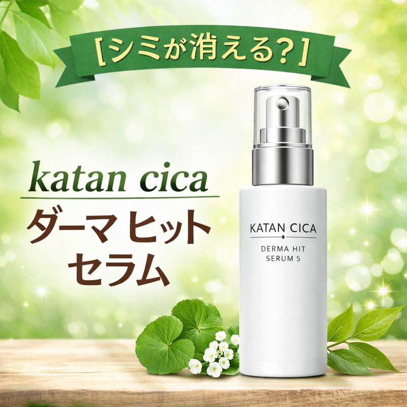 KATAN CICAダーマヒットセラムの製品画像と「シミが消える？」の緑色バナーが表示された日本語の広告イメージ