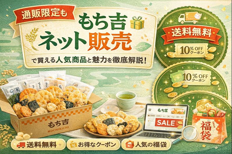 もち吉 ネット 販売の広告画像。通販限定商品や送料無料、クーポン、福袋情報がイラスト付きでわかりやすく描かれている。