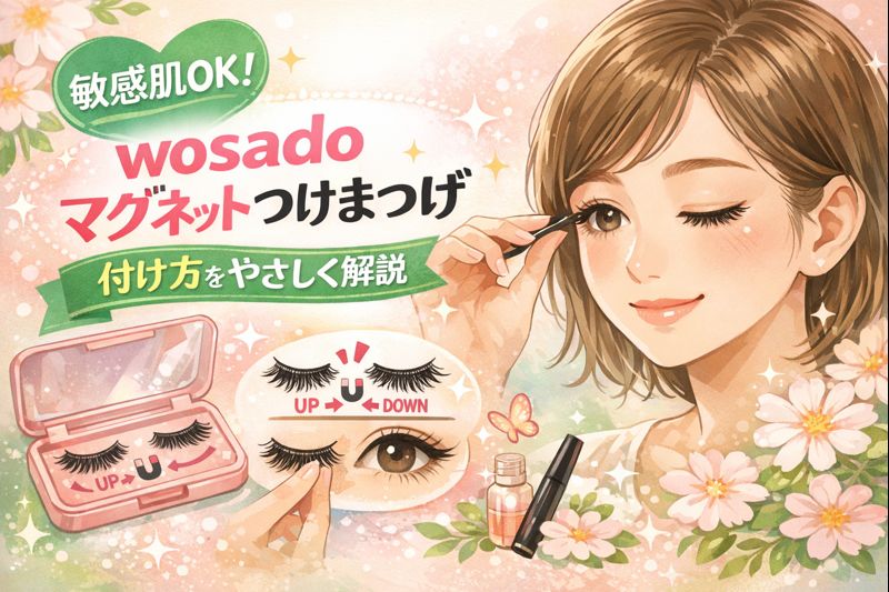 敏感肌でも使えるWOSADOのマグネットつけまつげを優しく装着する女性のイラスト。ピンクのケースと装着手順の図解付き。