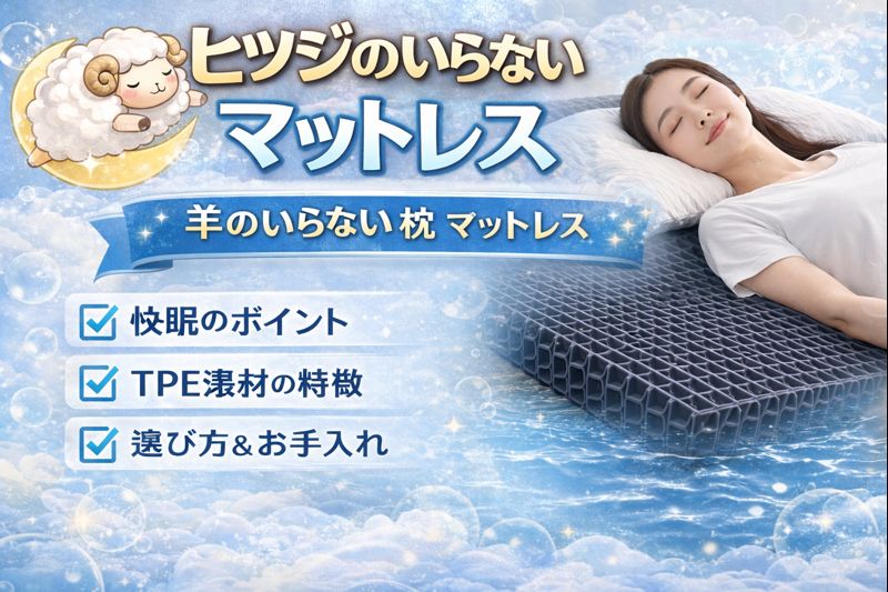 ヒツジのいらないマットレスと枕を紹介する日本語のアイキャッチ画像。TPE素材の構造を示すマットレスの上で眠る女性と、月の上で眠るヒツジのキャラクターが描かれ、快適な睡眠と特徴をアピールするバナー。