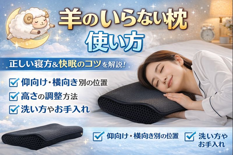 羊 の いらない 枕の使い方を紹介する日本語のバナー画像。TPE素材と快適な寝姿勢を強調したキャッチコピーと、スタイリッシュな枕のビジュアルが描かれている。