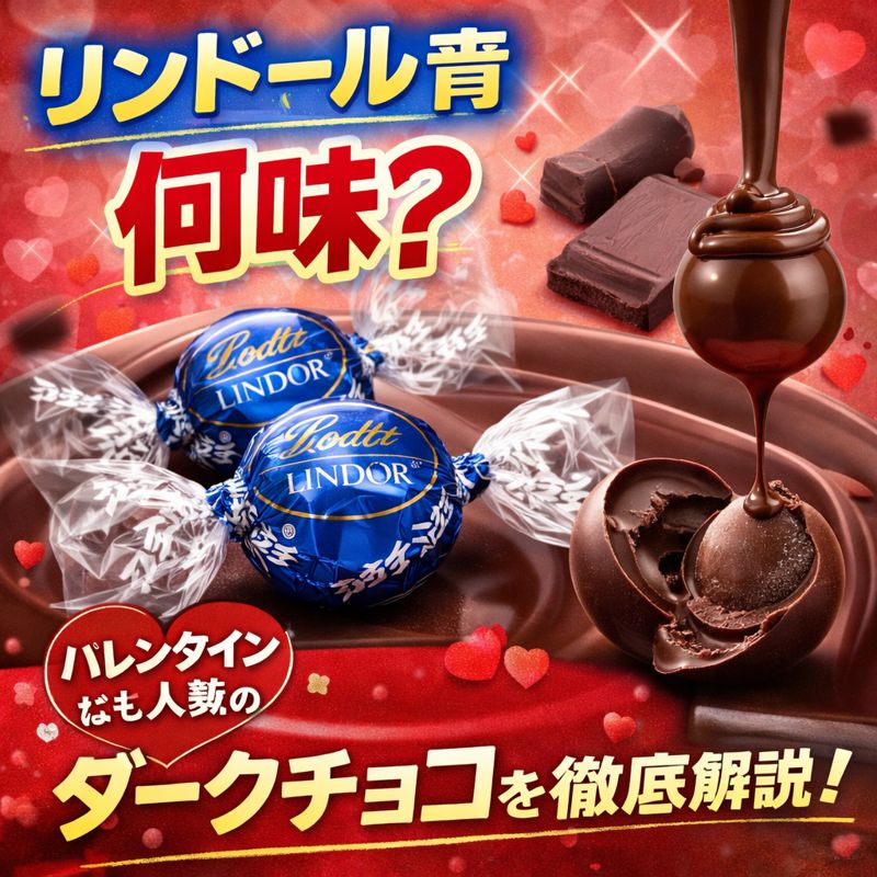 リンドール青の正体を問うアイキャッチ画像。青い包みに包まれたダークチョコトリュフと、とろけるチョコの断面がバレンタイン風の背景に映え、濃厚な味わいと人気の秘密を伝えるデザイン。