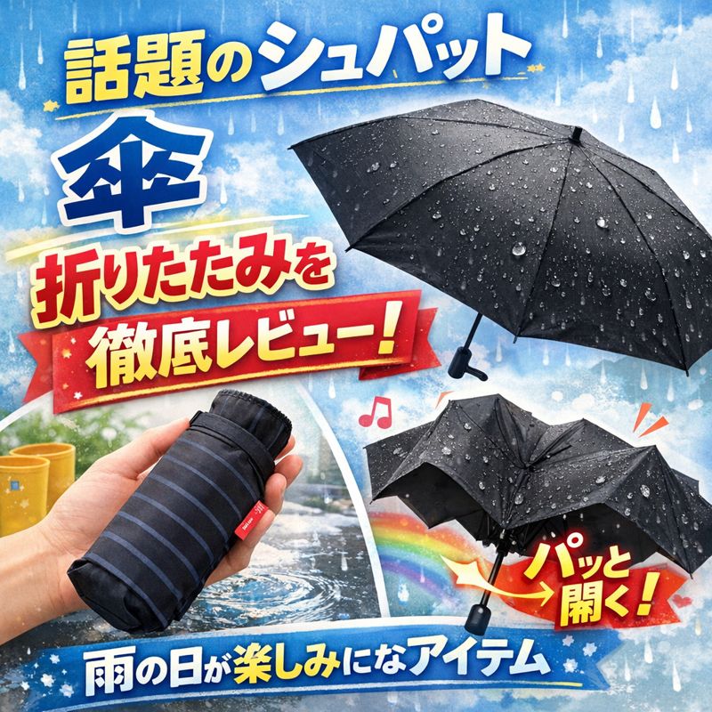 話題のシュパット折りたたみ傘を徹底レビューするアイキャッチ画像。手のひらサイズの収納状態と広げた傘が雨の中に描かれ、雨の日が楽しみになる印象的なデザイン。