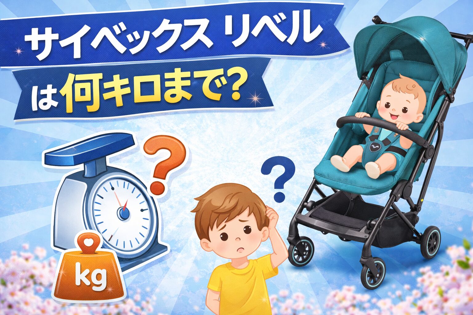 サイベックス リベルは何キロまで使えるのかを解説するアイキャッチ画像。ベビーカーと赤ちゃん、体重計のイラストが入った分かりやすいデザイン。