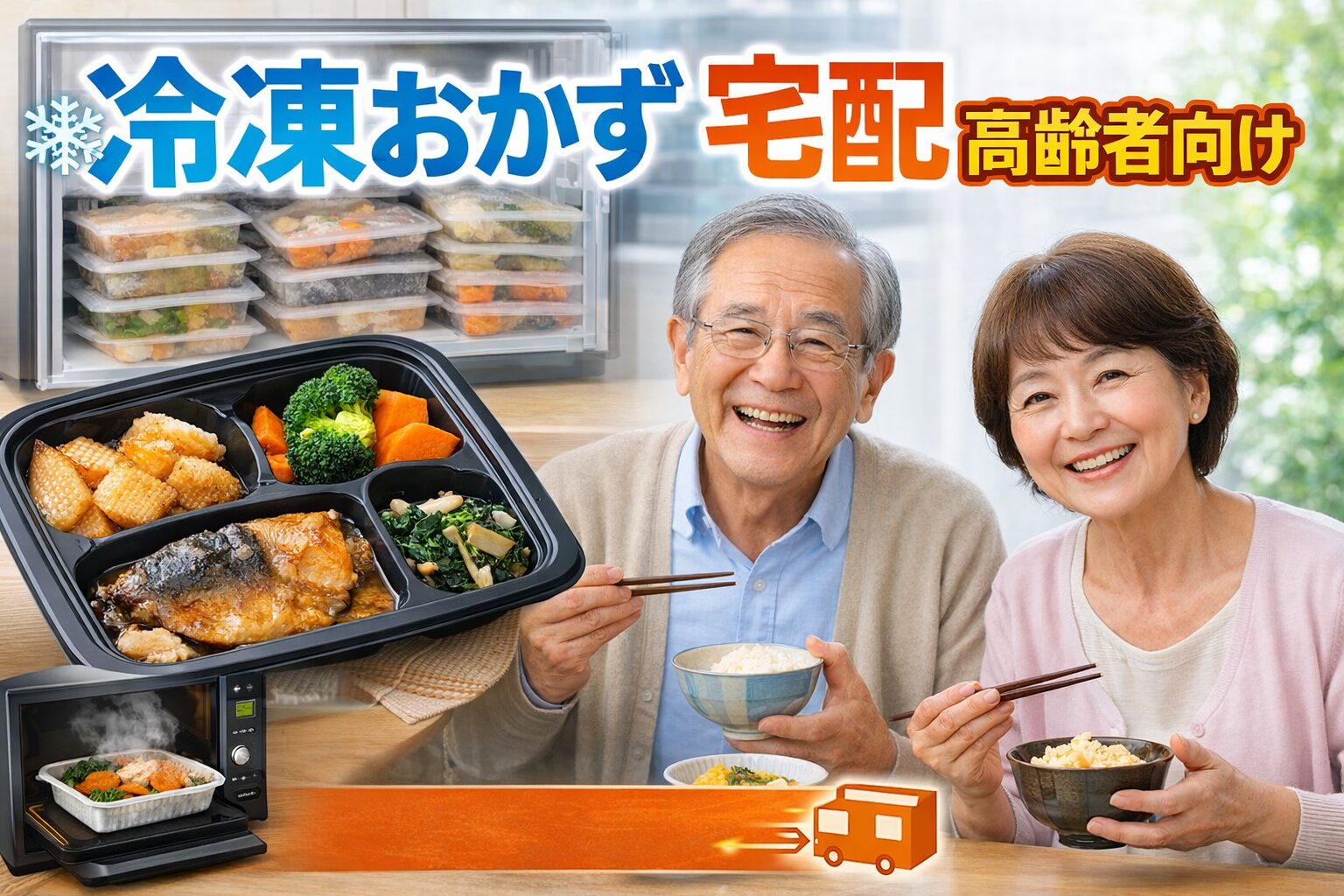 高齢者向けの冷凍おかず宅配サービスを利用して笑顔で食事を楽しむシニア夫婦の様子。電子レンジで温めるだけのやわらかい冷凍弁当と冷凍庫にストックされた食事が映る。