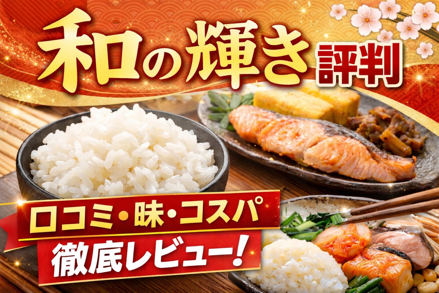 「和 の 輝き 評判」の文字と、ご飯・焼き鮭・卵焼きが並ぶ和食の写真。口コミ・味・コスパを徹底レビューした内容を伝える日本風のプロモーションバナー。
