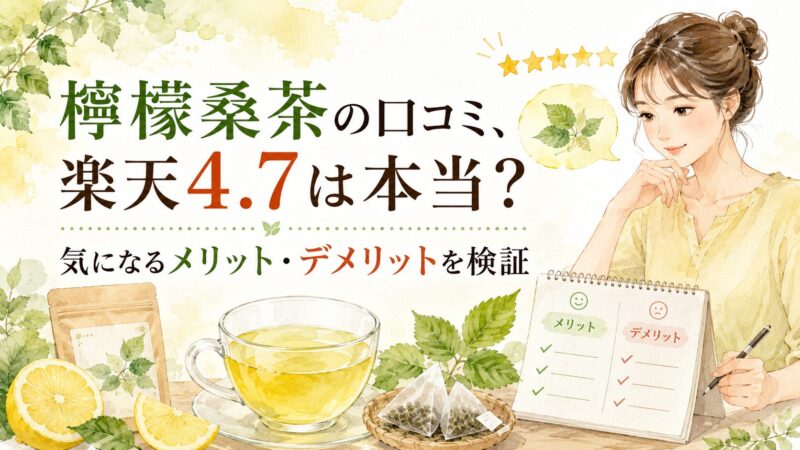 檸檬桑茶の口コミと楽天評価4.7を検証し、メリット・デメリットを紹介する水彩風アイキャッチ画像